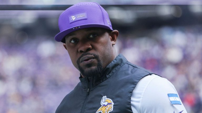 Minnesota Vikings defensive coordinator Brian Flores stands on the sideline during the first half of an NFL football game against the Chicago Bears, Sunday, Nov. 16, 2025, in Minneapolis. (Matt Krohn/AP)