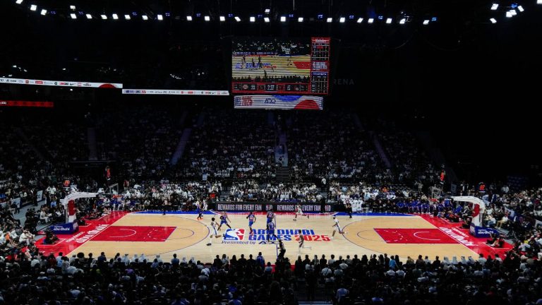 The Philadelphia 76ers play the New York Knicks during the first half of an NBA preseason basketball game, Thursday, Oct. 2, 2025, in Abu Dhabi, United Arab Emirates. (Altaf Qadri/AP)
