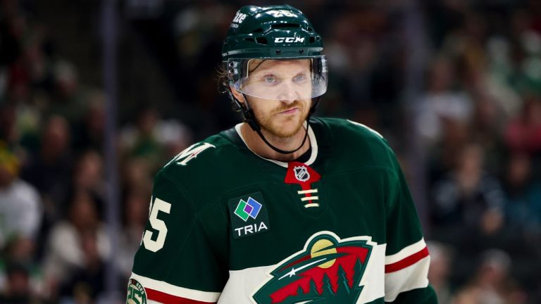 Minnesota Wild defenceman Jonas Brodin reacts during the second period of an NHL hockey game against the San Jose Sharks, Sunday, Oct. 26, 2025, in St. Paul, Minn. (AP Photo/Ellen Schmidt)