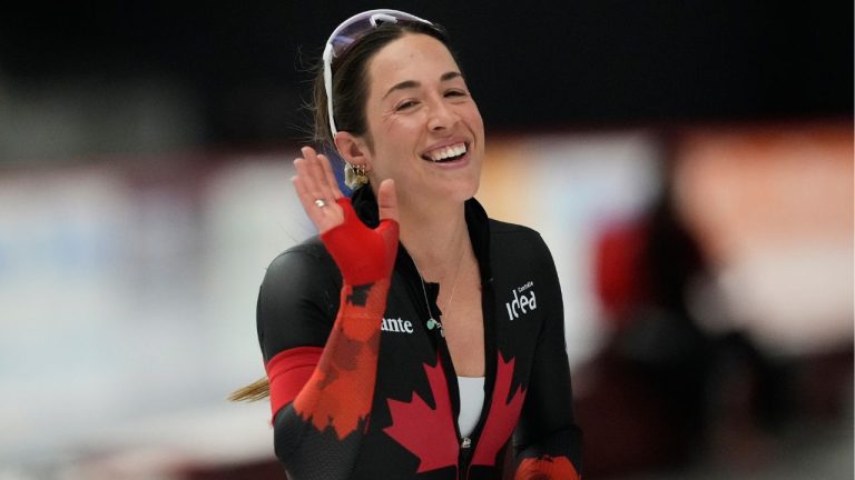 Valerie Maltais of Canada reacts during the women's 3000 meters at the World Cup speedskating event in Inzell Germany, Saturday, Jan. 24, 2026. (Matthias Schrader/AP)