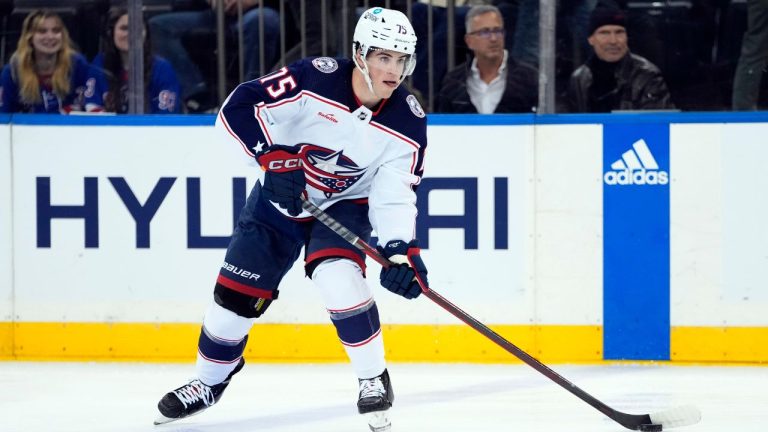 Columbus Blue Jackets' Gavin Bayreuther (15) looks to pass during the second period of an NHL hockey game against the New York Rangers Tuesday, March 28, 2023, in New York. (Frank Franklin II,AP)
