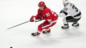 Los Angeles Kings left wing Warren Foegele (37) pokes Detroit Red Wings defenseman Moritz Seider (53) in the third period of an NHL game Monday, Jan. 27, 2025, in Detroit. (AP Photo/Paul Sancya)