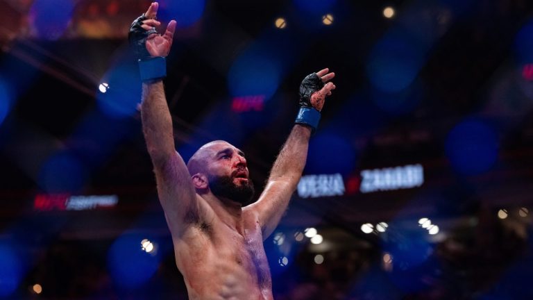 Aiemann Zahabi, celebrates after defeating Marlon Vera during their bantamweight bout at a UFC Fight Night in Vancouver, on Saturday, October 18, 2025. (Ethan Cairns/CP)