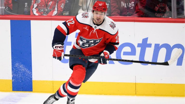 Washington Capitals right wing Brandon Duhaime (22) in action during the third period of an NHL game against the Chicago Blackhawks, Saturday, Jan. 3, 2026, in Washington. (AP Photo/Nick Wass)