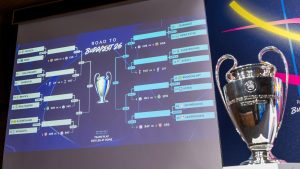 The group formations are shown after the UEFA Champions League knockout phase play-off draw, at the UEFA headquarters in Nyon, Switzerland, Friday, Jan. 30, 2026. (Martial Trezzini/AP)