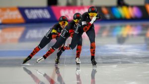 From front to back, Canada's Valerie Maltais, Ivanie Blondin and Beatrice Lamarche skate during the women's team pursuit at a World Cup speedskating event Sunday, Nov. 16, 2025, in Salt Lake City. (Tyler Tate/AP)