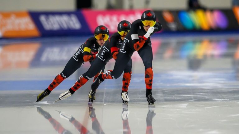 From front to back, Canada's Valerie Maltais, Ivanie Blondin and Beatrice Lamarche skate during the women's team pursuit at a World Cup speedskating event Sunday, Nov. 16, 2025, in Salt Lake City. (Tyler Tate/AP)