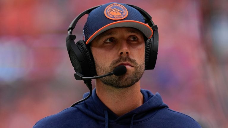 Denver Broncos tight ends coach Declan Doyle looks on against the Las Vegas Raiders during an NFL football game Sunday, Sept. 10, 2023, in Denver. (Jack Dempsey/AP)