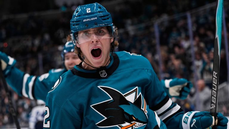 San Jose Sharks center Will Smith celebrates after scoring a goal during the third period of an NHL hockey game against the Winnipeg Jets, Friday, Nov. 7, 2025, in San Jose, Calif. (AP Photo/Godofredo A. Vásquez)