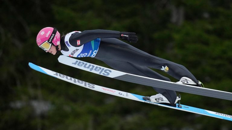 Abigail Strate of Canada competes at the Women Normal Hill HS102 Individual Ski Jumping event at the Nordic World Ski Championships, in Trondheim, Norway, Friday, Feb. 28, 2025. (Matthias Schrader/AP)