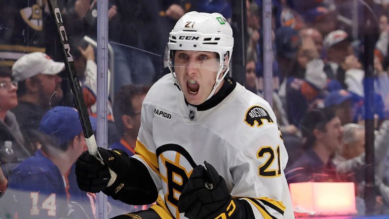 Boston Bruins centre Alex Steeves reacts after scoring a goal in the third period of an NHL hockey game against the New York Islanders, Wednesday, Nov. 26, 2025, in Elmont, N.Y. (Adam Hunger/AP)