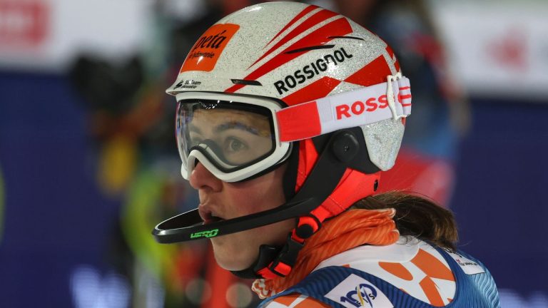 Slovakia's Petra Vlhova looks at the scoreboard after finishing second in a alpine ski, women's World Cup slalom in Flachau, Austria, Tuesday, Jan.16, 2024. (Marco Trovati/AP)