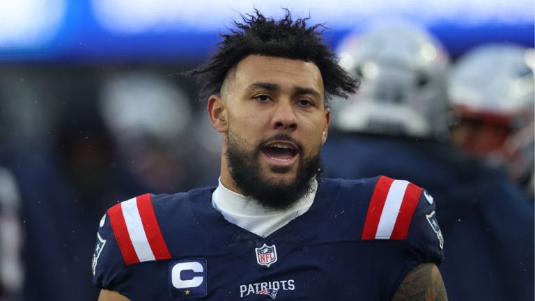 New England Patriots Harold Landry III is seen on the sidelines during an NFL football game against the Buffalo Bills on Sunday, Dec. 14, 2025. (Gregory Payan/AP)