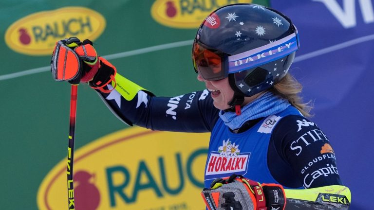 United States' Mikaela Shiffrin at finish line during a women's alpine ski, World Cup giant slalom, in Spindleruv Mlyn, Czech Republic, Saturday, Jan. 24, 2026. (Giovanni Auletta/AP)