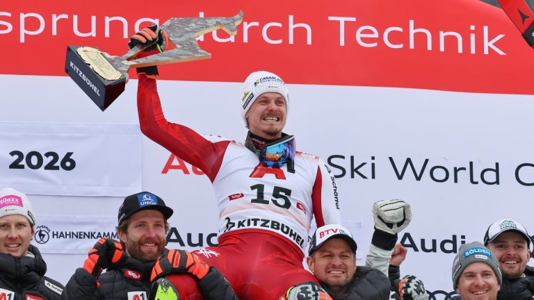 Austria's Manuel Feller celebrates winning an alpine ski, men's World Cup slalom in Kitzbuehel, Austria, Sunday, Jan. 25, 2026. (Marco Trovati/AP)