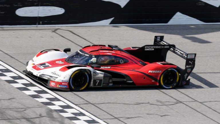 Felipe Nasr, of Brazil, crosses the finish line to win the Rolex 24 hour auto race at Daytona International Speedway, Sunday, Jan. 25, 2026, in Daytona Beach, Fla. (John Raoux/AP)