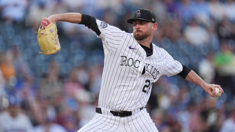 Colorado Rockies pitcher Austin Gomber works against the Los Angeles Dodgers in the first inning of a baseball game Aug. 19, 2025, in Denver. (David Zalubowski/AP)