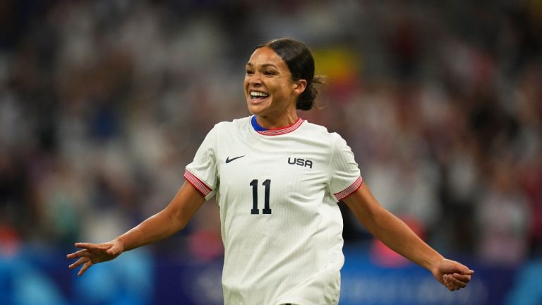 United States' Sophia Smith celebrates after scoring her side's first goal, during the women's Group B soccer match between the United States and Germany at the Velodrome stadium, during the 2024 Summer Olympics, Sunday, July 28, 2024, in Marseille, France. (Daniel Cole/AP)
