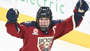 Montreal Victoire's Marie-Philip Poulin (29) reacts after scoring against the Toronto Sceptres during second period PWHL hockey action in Laval, Que., Wednesday, Jan. 28, 2026. (Graham Hughes/CP)
