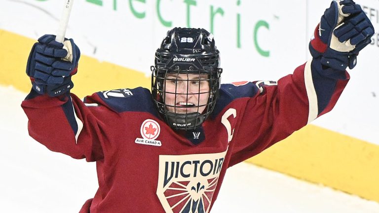 Montreal Victoire's Marie-Philip Poulin (29) reacts after scoring against the Toronto Sceptres during second period PWHL hockey action in Laval, Que., Wednesday, Jan. 28, 2026. (Graham Hughes/CP)
