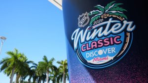 A sign for the upcoming NHL Winter Classic between the Florida Panthers and New York Rangers is posted at loanDepot Park in Miami. (AP Photo/Lynne Sladky)