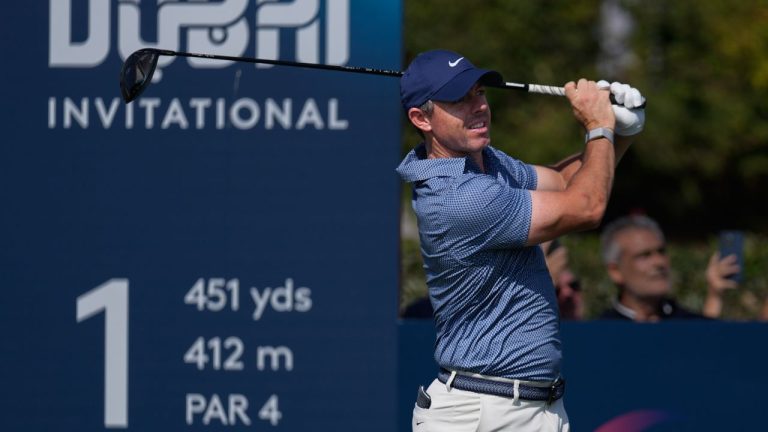 Rory McIlroy of Northern Ireland hits off the first tee during the final round of Dubai Invitational in Dubai, United Arab Emirates, Sunday, Jan. 18, 2026. (AP Photo/Altaf Qadri)
