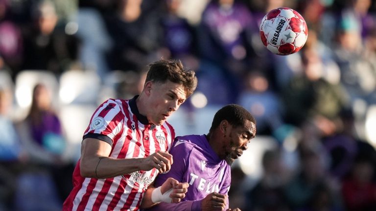 Atletico Ottawa's Amer Didic, front left, and Pacific FC's Reon Moore vie for the ball during the first half of a Canadian Championship quarterfinal soccer match, in Langford, B.C., on Wednesday, May 29, 2024. (Darryl Dyck/CP)