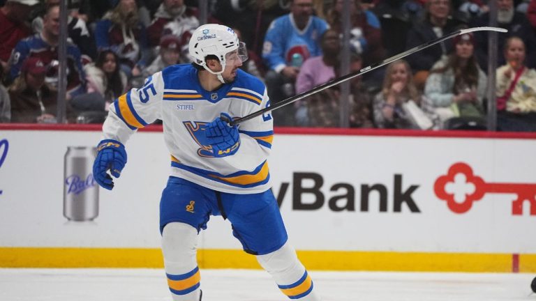 St. Louis Blues right wing Jordan Kyrou in the second period of an NHL hockey game Wednesday, Dec. 31, 2025, in Denver. (David Zalubowski/AP)