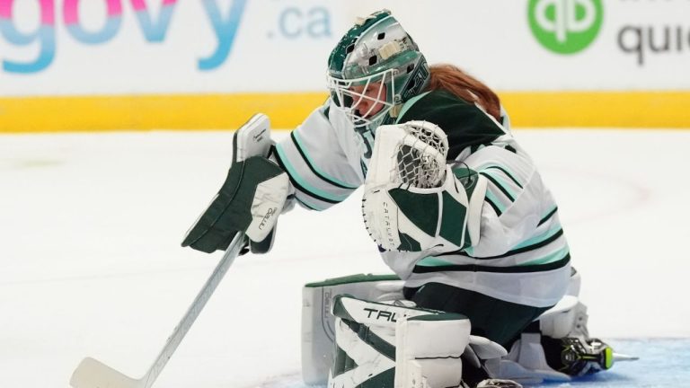 Boston Fleet goaltender Aerin Frankel makes a save against the Toronto Sceptres during first period PWHL action in Toronto on Saturday, Nov. 29, 2025. (Frank Gunn/CP)