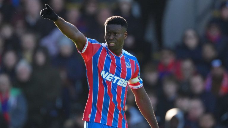Crystal Palace's Marc Guehi directs play during the English Premier League soccer match between Crystal Palace and Manchester United, at Selhurst Park Stadium in London, Sunday, Nov. 30, 2025. (Dave Shopland/AP)