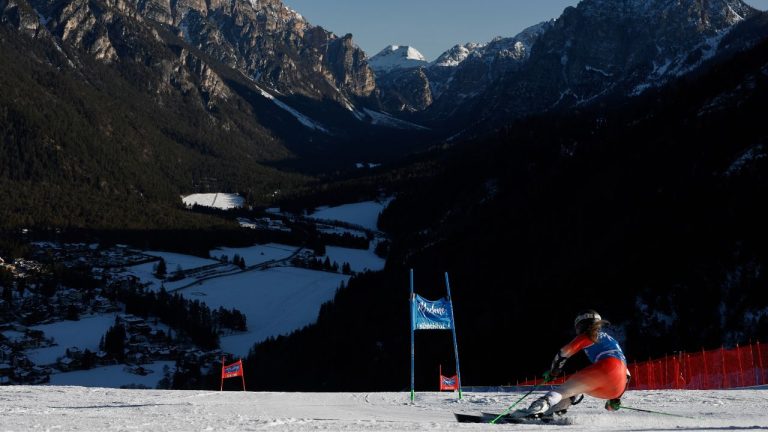 Switzerland's Camille Rast speeds down the course during a women's World Cup giant slalom, in Kronplatz, Italy, Tuesday, Jan. 20, 2026. (Gabriele Facciotti/AP)