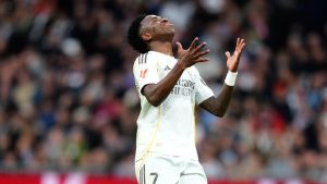Real Madrid's Vinicius Junior reacts during the Spanish La Liga soccer match between Real Madrid and Levante in Madrid, Spain, Saturday, Jan. 17, 2026. (Jose Breton/AP)