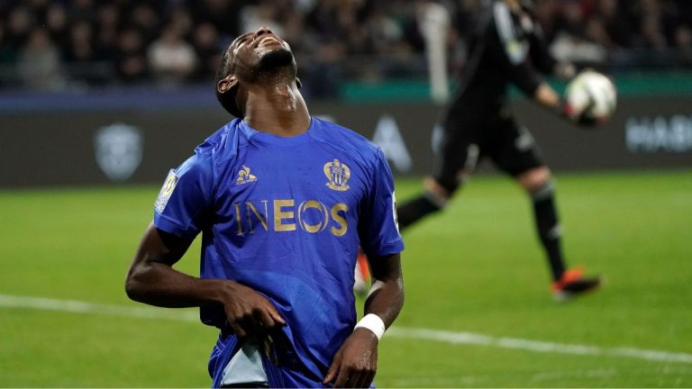 Nice's Mohamed-Ali Cho reacts during the French League One soccer match between Lyon and Nice at the Groupama stadium, outside Lyon, France, Friday, Feb. 16, 2024. (Laurent Cipriani/AP)