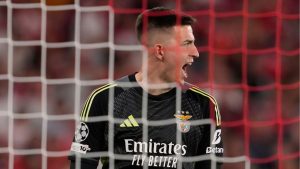 Benfica's goalkeeper Anatoliy Trubin reacts during a Champions League opening phase soccer match between SL Benfica and Qarabag FK at the Luz stadium in Lisbon, Tuesday, Sept. 16, 2025. (Armando Franca/AP)