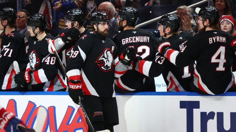 Buffalo Sabres right wing Alex Tuch celebrates his goal during the second period of an NHL hockey game against the Montreal Canadiens, Thursday, Jan. 15, 2026, in Buffalo, N.Y. (Jeffrey T. Barnes/AP)