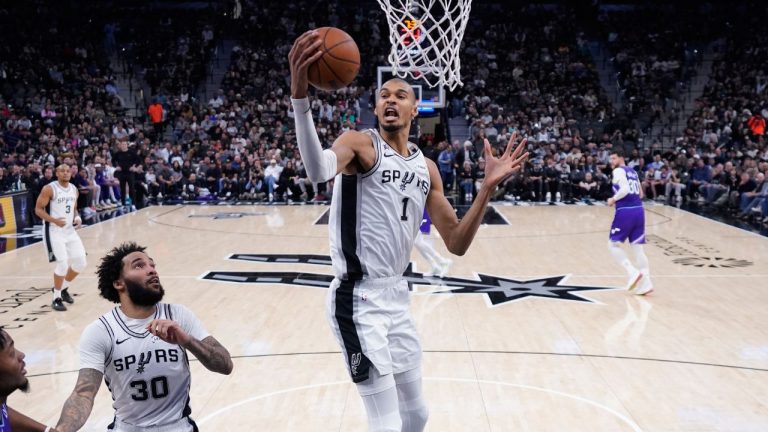 San Antonio Spurs forward Victor Wembanyama grabs a rebound during the second half of an NBA basketball game against the Utah Jazz in San Antonio, Monday, Jan. 19, 2026. (Eric Gay/AP)