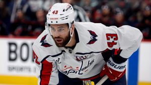Washington Capitals' Tom Wilson (43) waits for a face-off against the Carolina Hurricanes during the first period of Game 3 of an NHL hockey Semi-final round playoff series in Raleigh, N.C., Saturday, May 10, 2025. (Karl DeBlaker/AP)