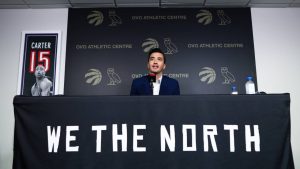 Toronto Raptors general manager Bobby Webster speaks to media during a press conference in Toronto, Friday, September 26, 2025. (Cole Burston/CP)