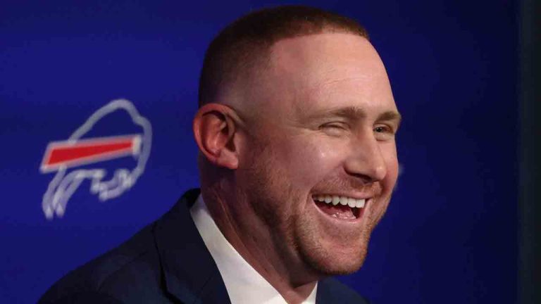 Joe Brady meets with reporters after being introduced as the new head coach of the Buffalo Bills in Orchard Park, N.Y., Thursday, Jan. 29, 2026. (Jeffrey T. Barnes/AP)