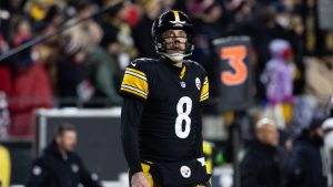 Pittsburgh Steelers quarterback Aaron Rodgers (8) looks on during an NFL wild card playoff football game, Monday, Jan. 12, 2026, in Pittsburgh. (Matt Durisko/AP)