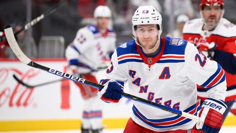 New York Rangers defenceman Adam Fox (23) in action during the second period of an NHL hockey game against the Washington Capitals, Wednesday, Dec. 31, 2025, in Washington. (Nick Wass/AP)