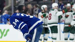 Toronto Maple Leafs forward Auston Matthews (34) reacts after the Minnesota Wild score a goal during third period NHL hockey action in Toronto, Monday, Jan. 19, 2026. (Nathan Denette/CP)