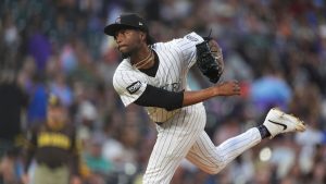 Colorado Rockies relief pitcher Angel Chivilli (57) in the fourth inning of a baseball game, Sept. 6, 2025, in Denver. (David Zalubowski/AP)