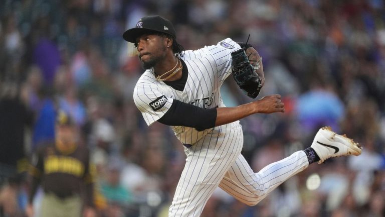 Colorado Rockies relief pitcher Angel Chivilli (57) in the fourth inning of a baseball game, Sept. 6, 2025, in Denver. (David Zalubowski/AP)