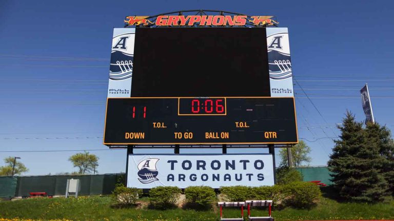 Toronto Argonauts logos on the University of Guelph Gryphons scoreboard during opening day of CFL training camp in Guelph, Ont. (Nick Iwanyshyn/THE CANADIAN PRESS)