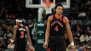 Toronto Raptors' Scottie Barnes looks on during an NBA basketball game against the Milwaukee Bucks, Thursday, Dec. 18, 2025, in Milwaukee. (Aaron Gash/AP)