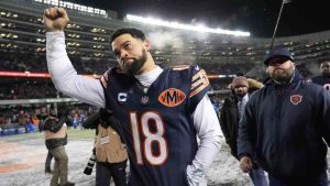 Chicago Bears quarterback Caleb Williams gestures as he leaves the field following his team's overtime loss to the Los Angeles Rams during an NFL football divisional playoff game Sunday, Jan. 18, 2026, in Chicago. (Nam Y. Huh/AP)