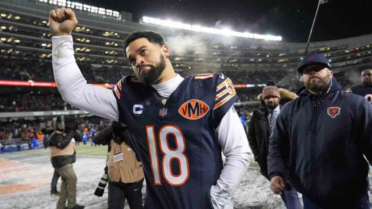 Chicago Bears quarterback Caleb Williams gestures as he leaves the field following his team's overtime loss to the Los Angeles Rams during an NFL football divisional playoff game Sunday, Jan. 18, 2026, in Chicago. (Nam Y. Huh/AP)
