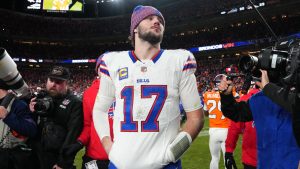 Buffalo Bills quarterback Josh Allen (17) after the loss against the Denver Broncos in an NFL divisional playoff football game, Sunday, Jan. 18, 2026 in Denver. (Bart Young/AP)