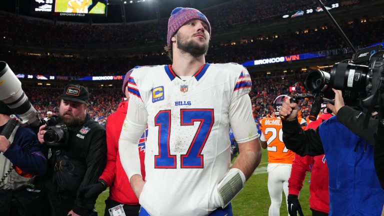 Buffalo Bills quarterback Josh Allen (17) after the loss against the Denver Broncos in an NFL divisional playoff football game, Sunday, Jan. 18, 2026 in Denver. (Bart Young/AP)